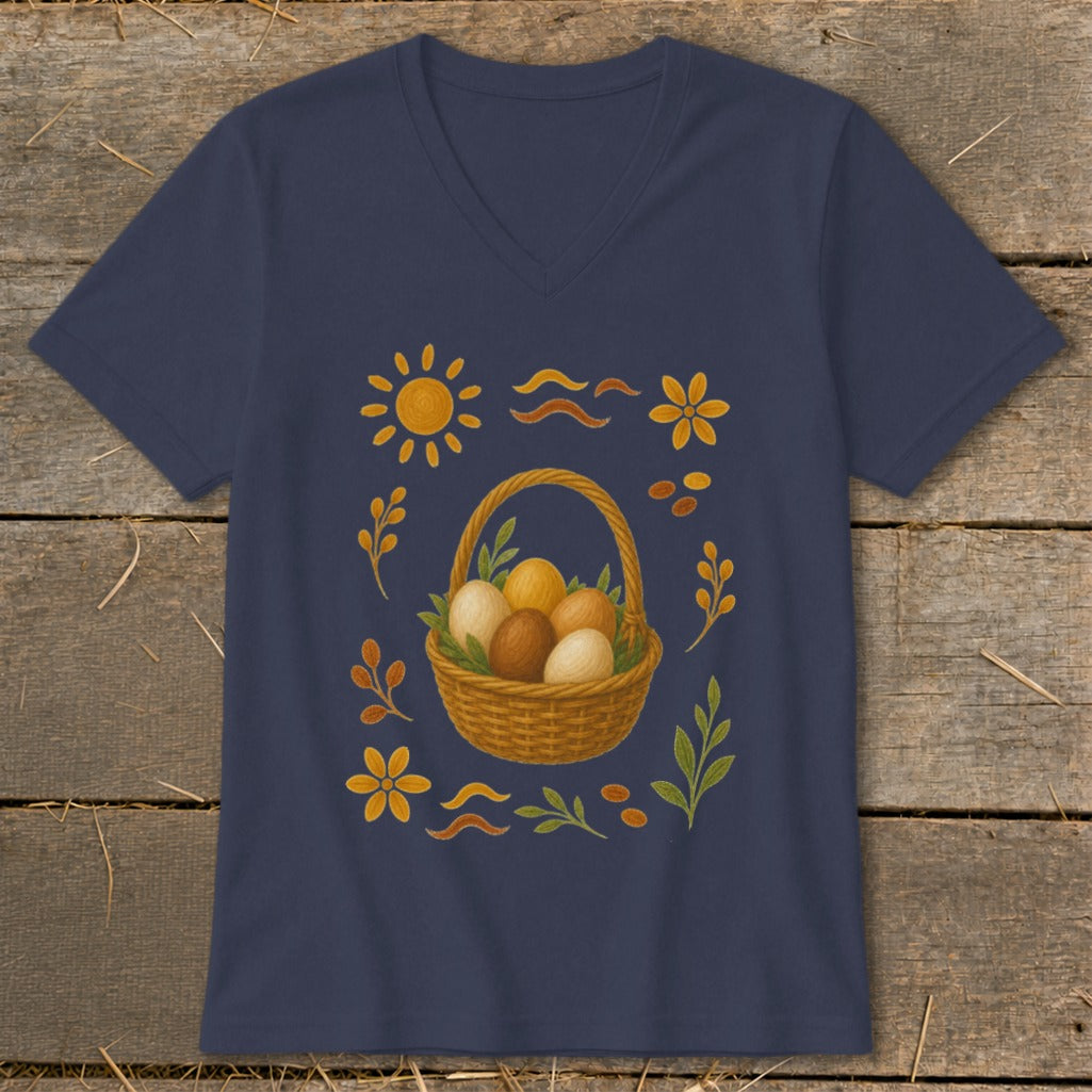 Navy v-neck t-shirt with a woven basket of Easter eggs and floral elements.