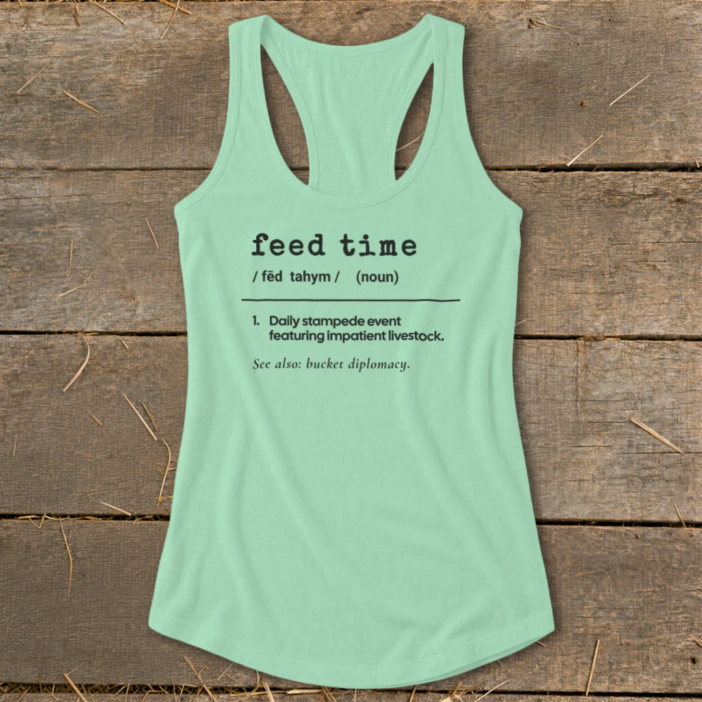 Mint green tank top with "feed time" definition featuring livestock.