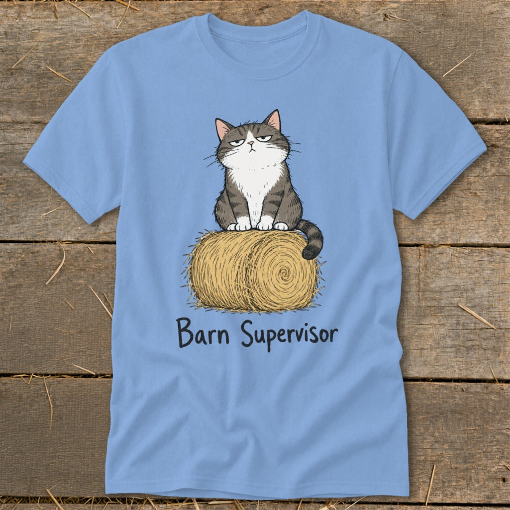 Light blue t-shirt with a grumpy cat sitting on a bale of hay, text says "Barn Supervisor".