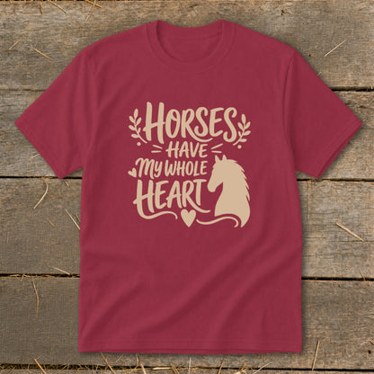 Burgundy t-shirt with "Horses Have My Whole Heart" text and horse silhouette.