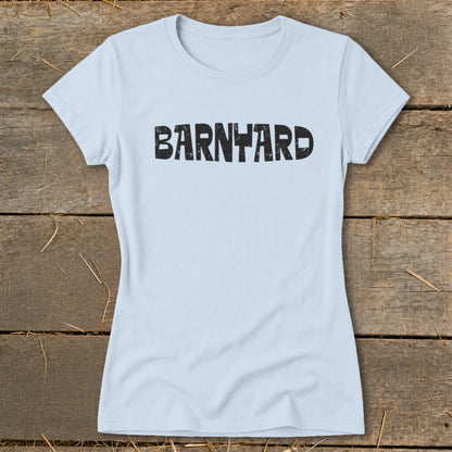 Light blue crew neck t-shirt with the word BARNYARD printed in distressed black font across the chest.