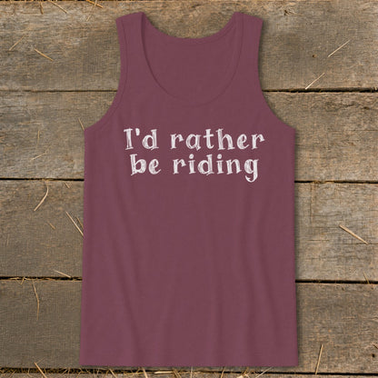 Maroon tank top with "I'd rather be riding" text in white.
