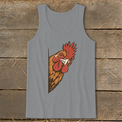 Gray tank top with illustration of a rooster peeking from the side.