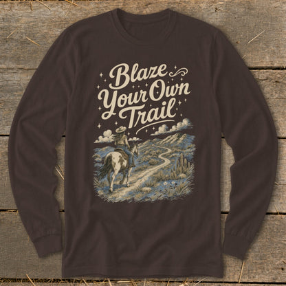 Brown long sleeve shirt with desert landscape and text "Blaze Your Own Trail."