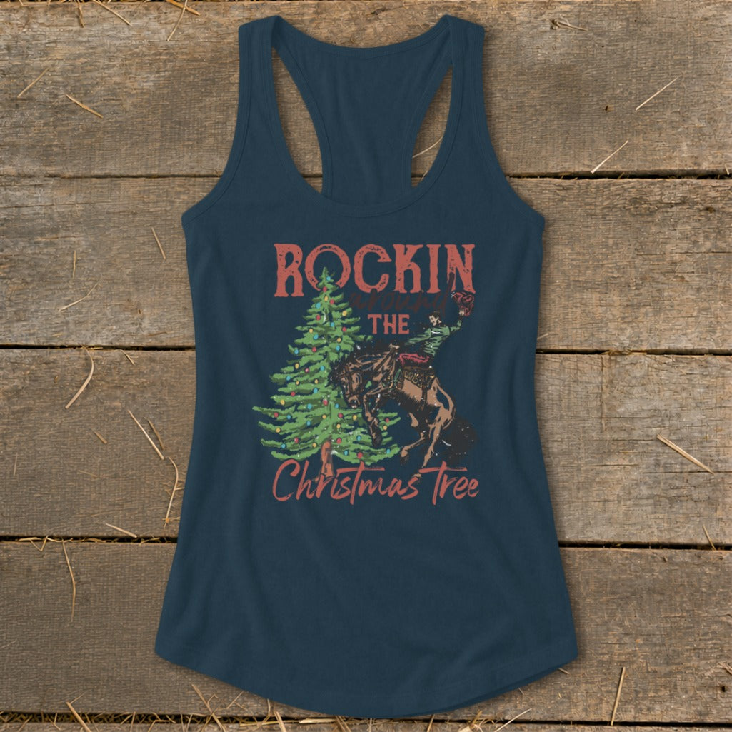 Dark blue tank top with "Rockin' The Christmas Tree" and rodeo rider graphic.
