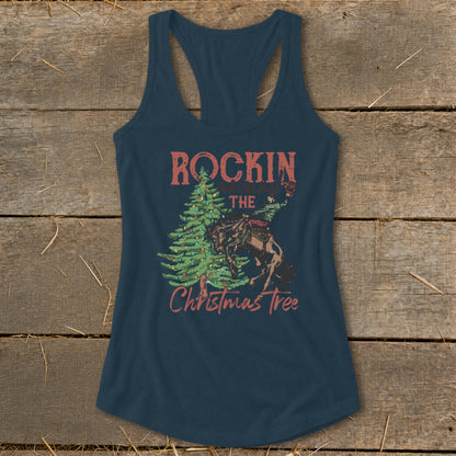 Dark blue tank top with "Rockin' The Christmas Tree" and rodeo rider graphic.