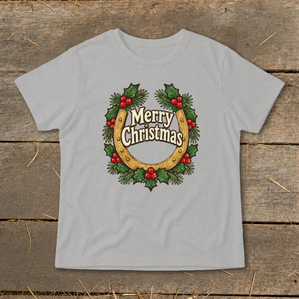 Grey t-shirt with Merry Christmas text inside a horseshoe and holly wreath.