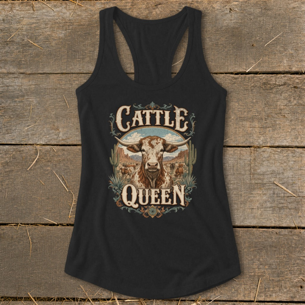 Black tank top with "Cattle Queen" text and a longhorn bull graphic.