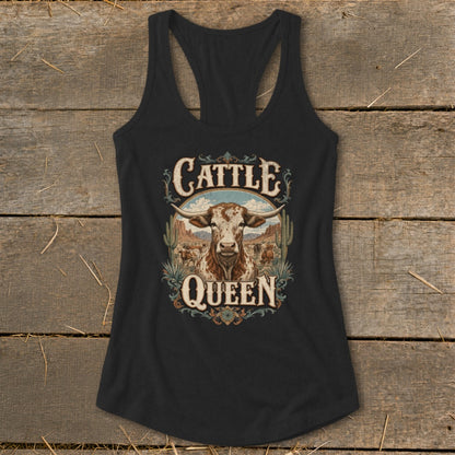 Black tank top with "Cattle Queen" text and a longhorn bull graphic.