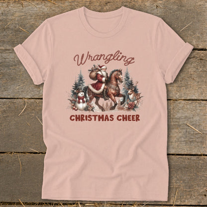 Santa on horseback with snowman, reindeer, and "Wrangling Christmas Cheer" text.