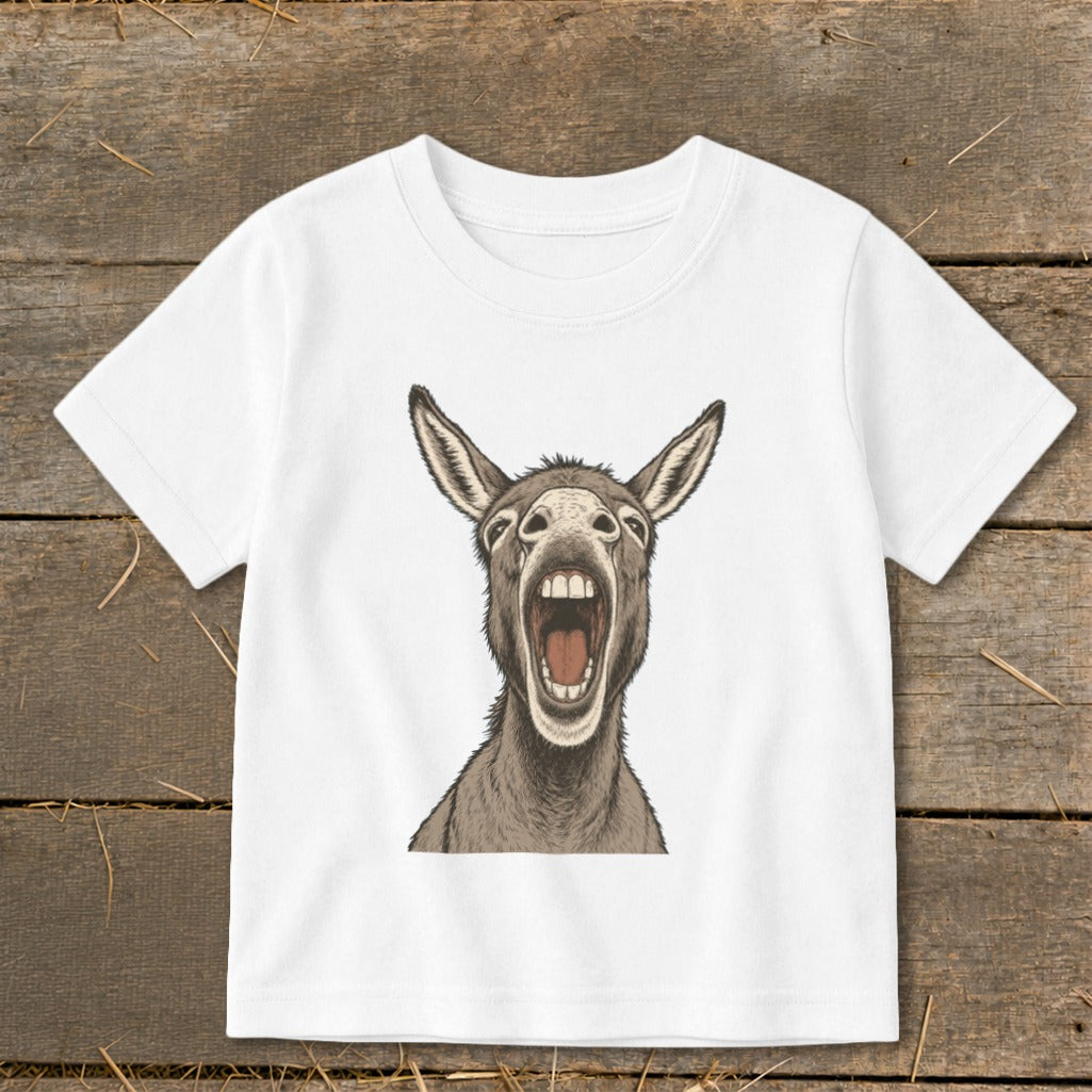 White t-shirt featuring a detailed, close-up illustration of a donkey with its mouth open.