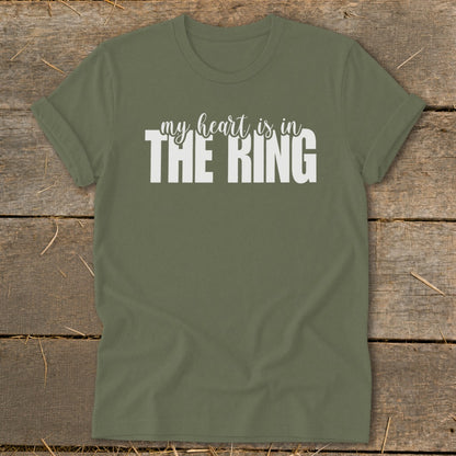 Olive green t-shirt with white text that says "my heart is in THE RING".