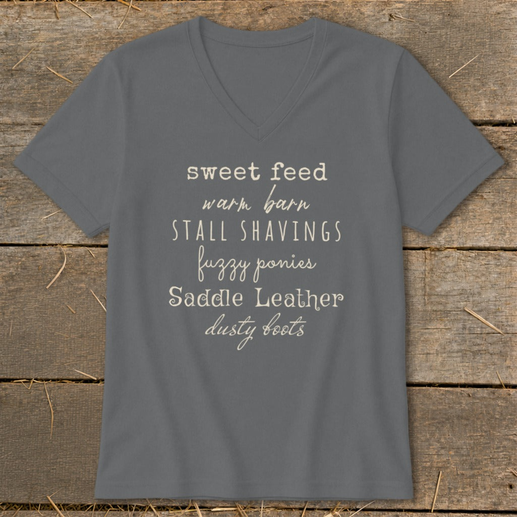Gray t-shirt with text: sweet feed, warm barn, stall shavings, fuzzy ponies, saddle leather, dusty boots.