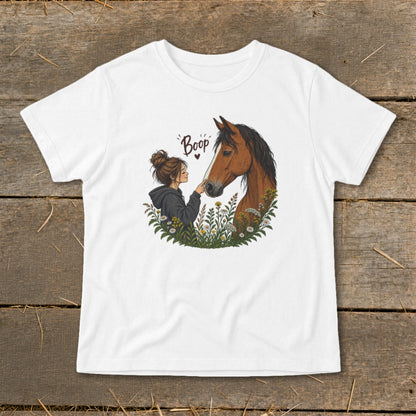 Illustration of girl touching horse nose with "Boop" text.