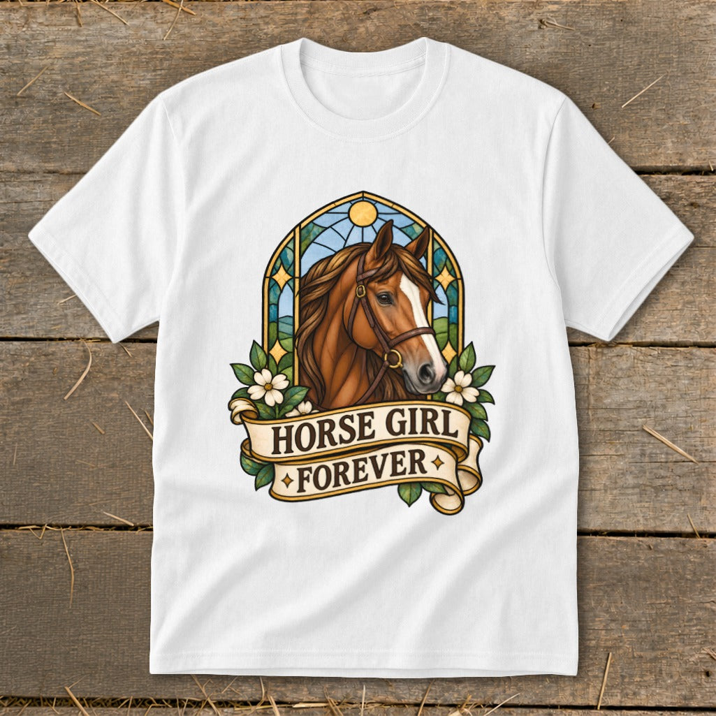 White t-shirt featuring a brown horse head in a stained-glass design with text "HORSE GIRL FOREVER".