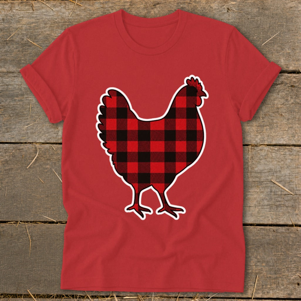 Red t-shirt with buffalo plaid chicken graphic.