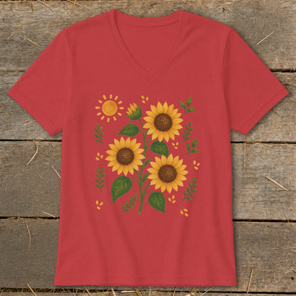 Red v-neck t-shirt with a watercolor sunflower and sun print.