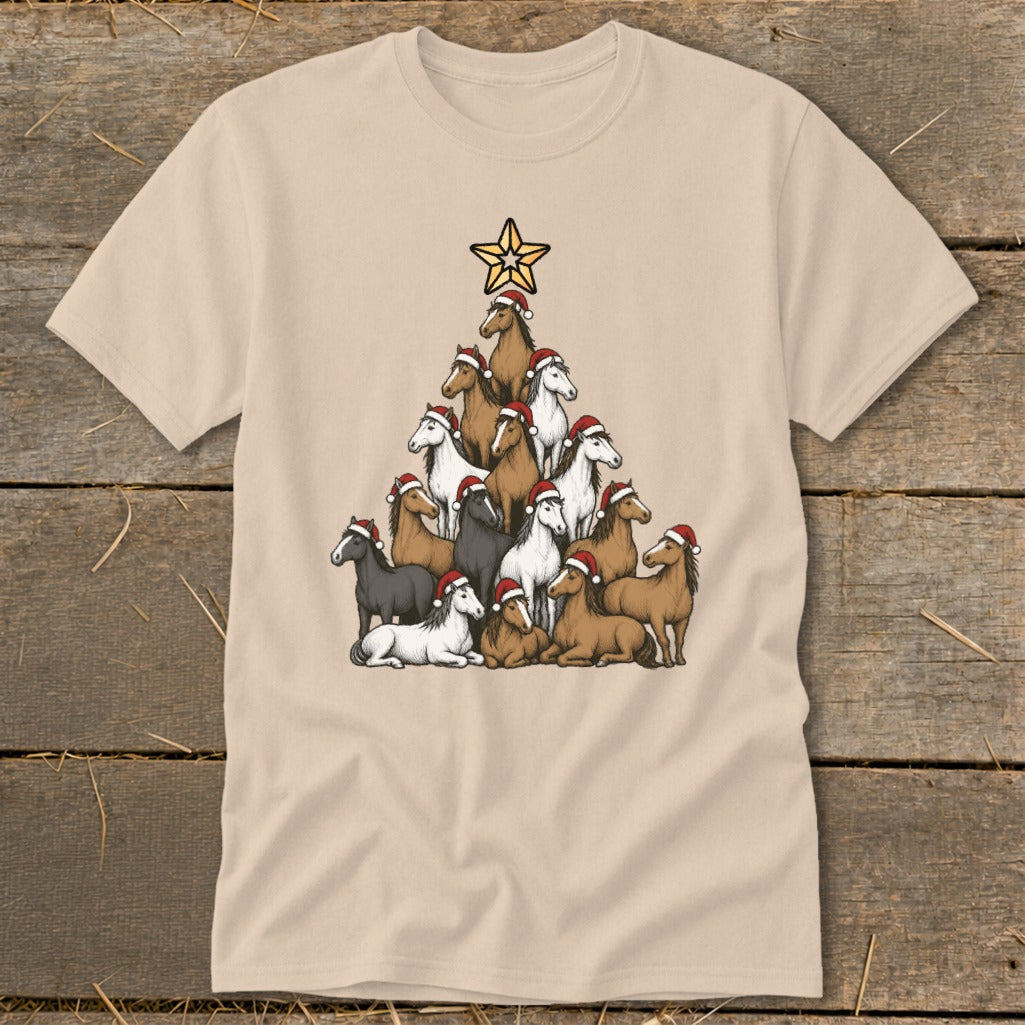 T-shirt with a Christmas tree made of horses wearing Santa hats.