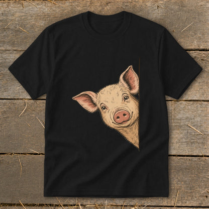Black t-shirt with a drawing of a smiling pig peeking from the side.