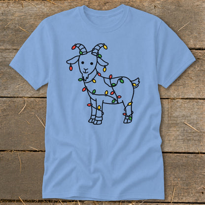 Light blue t-shirt with a line drawing of a goat wrapped in colorful Christmas lights.
