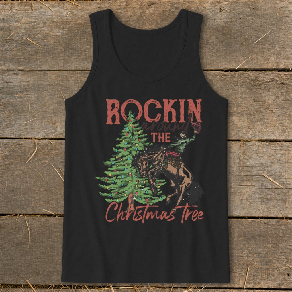 Black tank top with "Rockin' Around the Christmas Tree" graphic featuring a cowboy on a bucking horse.
