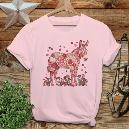 Floral Donkey with Hearts Graphic Pink T-Shirt