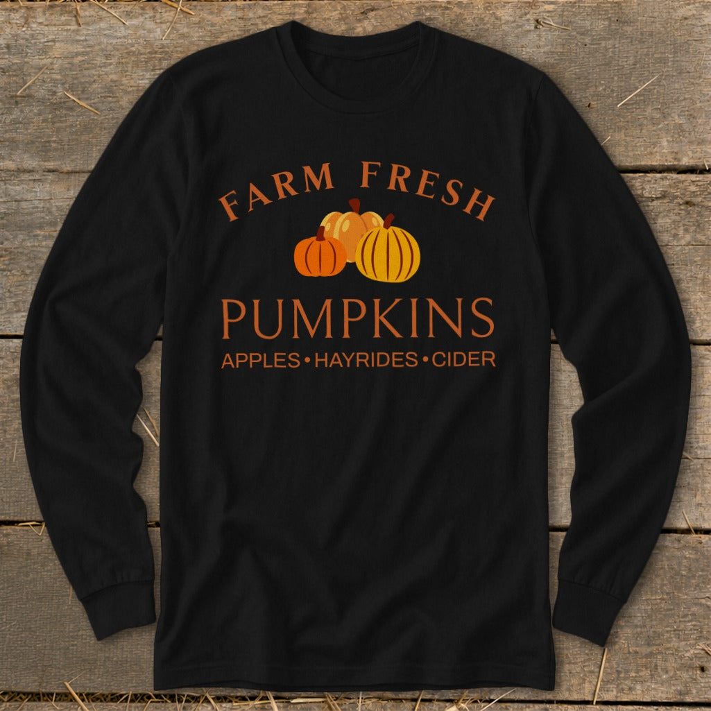 Black long sleeve shirt with "Farm Fresh Pumpkins" text and pumpkins.