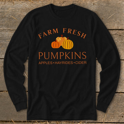 Black long sleeve shirt with "Farm Fresh Pumpkins" text and pumpkins.