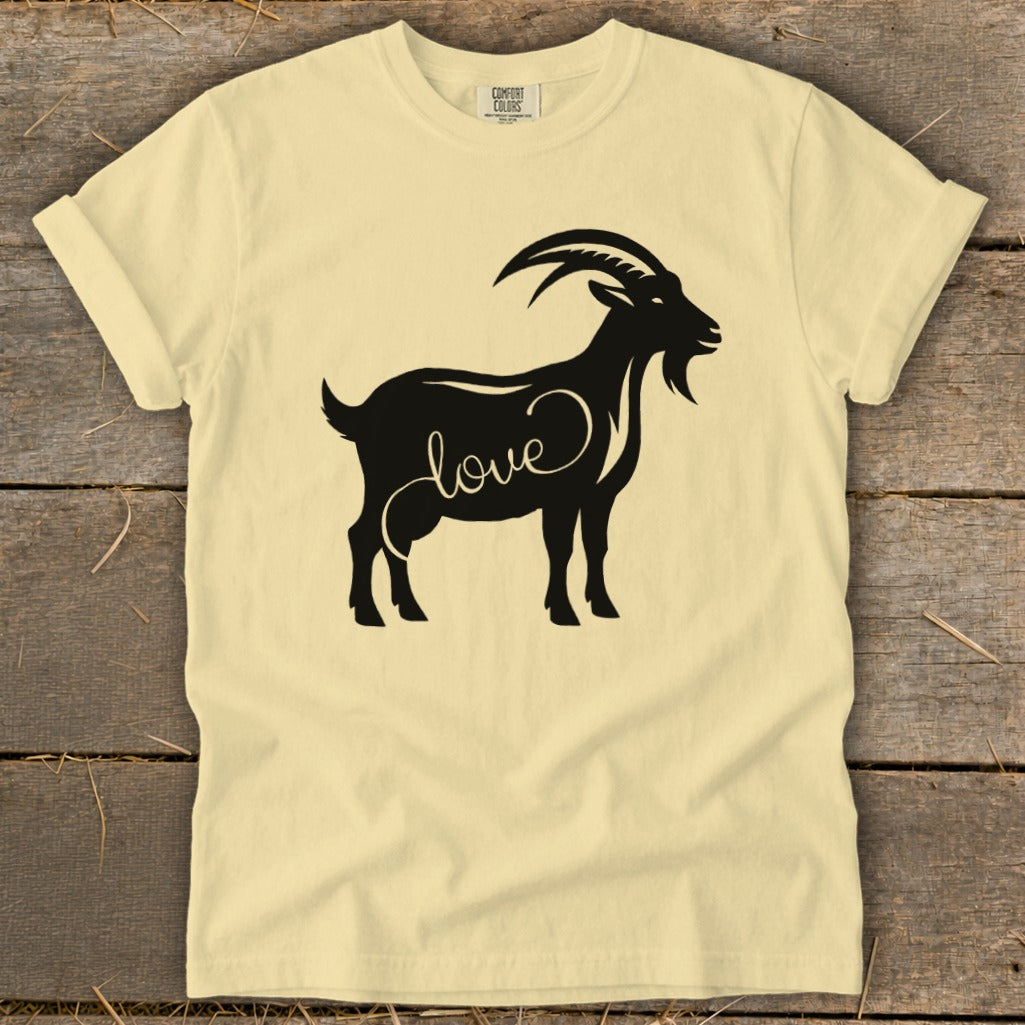 Light yellow t-shirt with black silhouette of a goat and the word "love".
