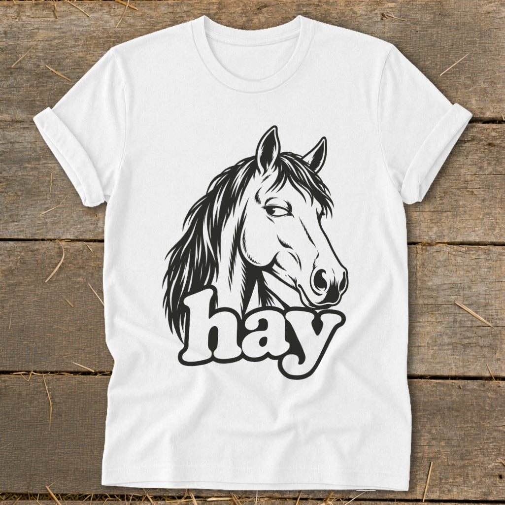 White t-shirt with black line art of a horse's head and the word "hay".