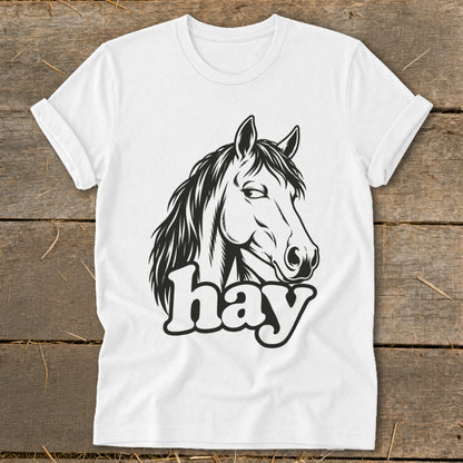 White t-shirt with black line art of a horse's head and the word "hay".