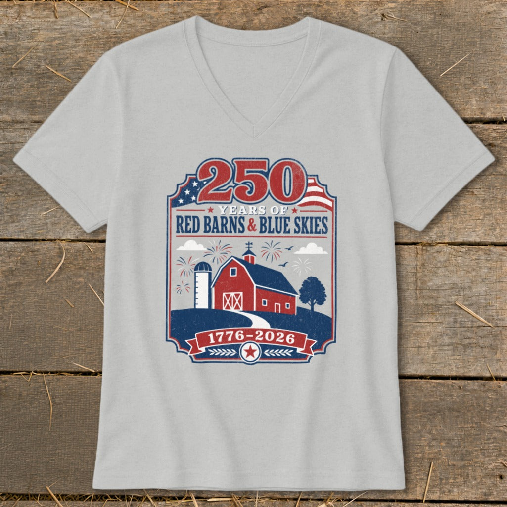 Grey t-shirt with graphic: "250 Years of Red Barns & Blue Skies 1776-2026".