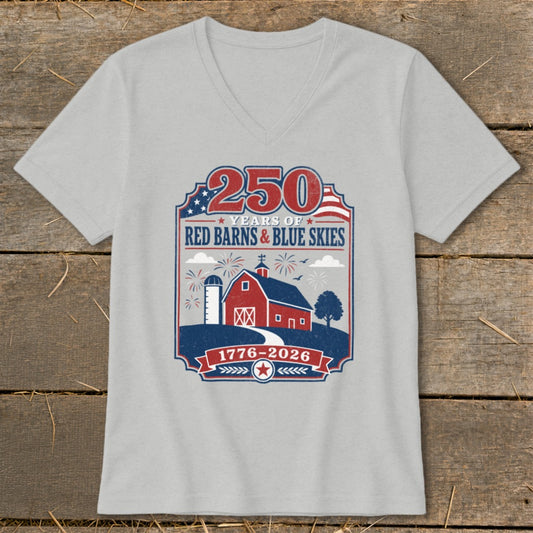 Grey t-shirt with graphic: "250 Years of Red Barns & Blue Skies 1776-2026".