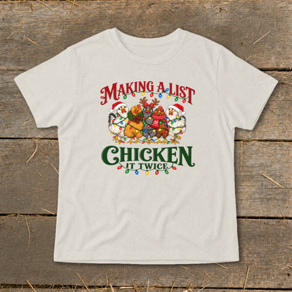 Chickens in holiday lights and Santa hats with text "Making a list, chicken it twice."