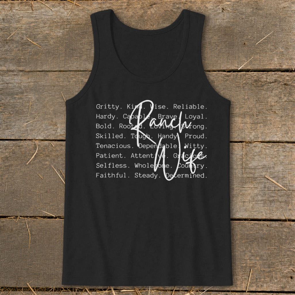 Black tank top with white text "Ranch Wife" surrounded by descriptive words.