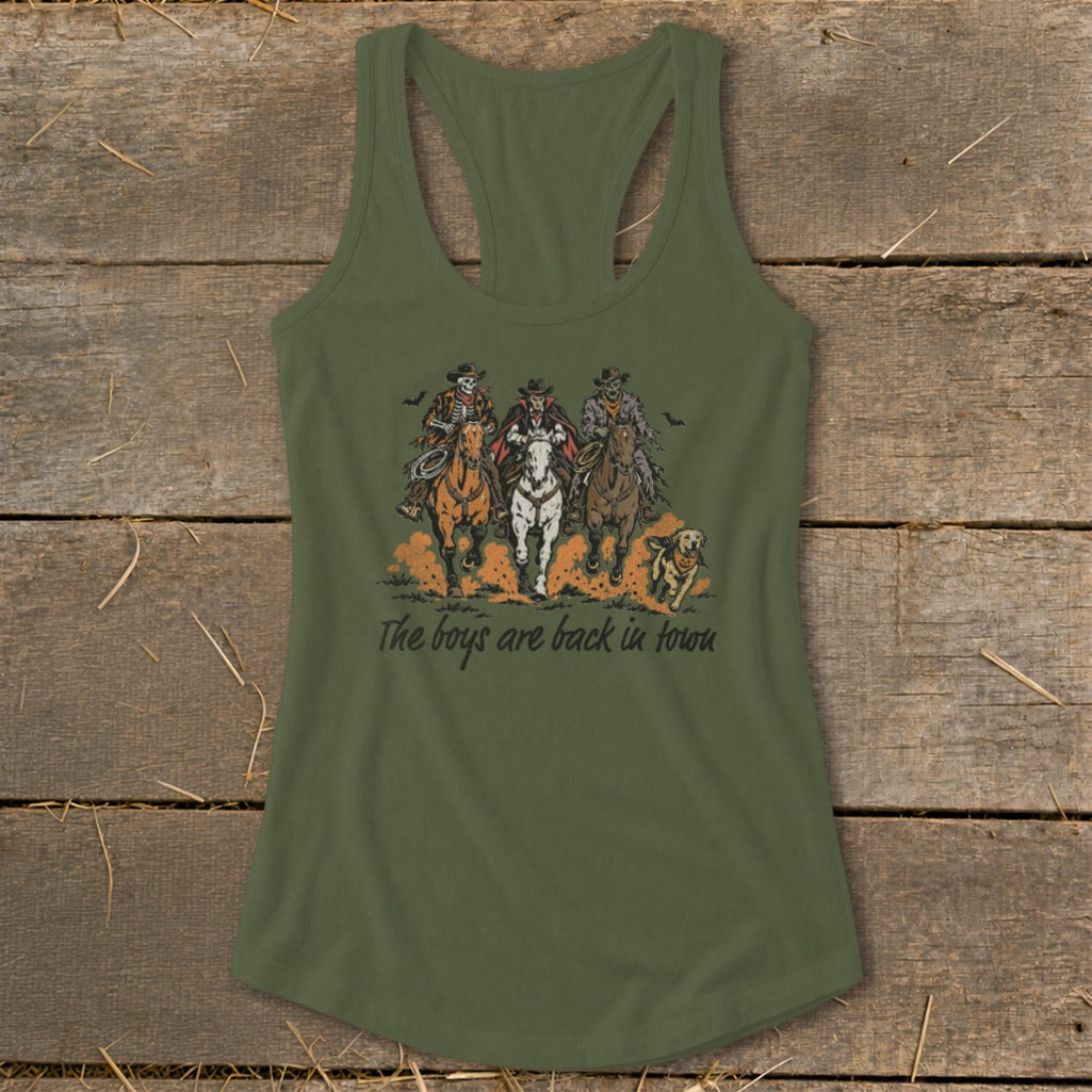 Green tank top with skeletons riding horses and a dog, text "The boys are back in town".