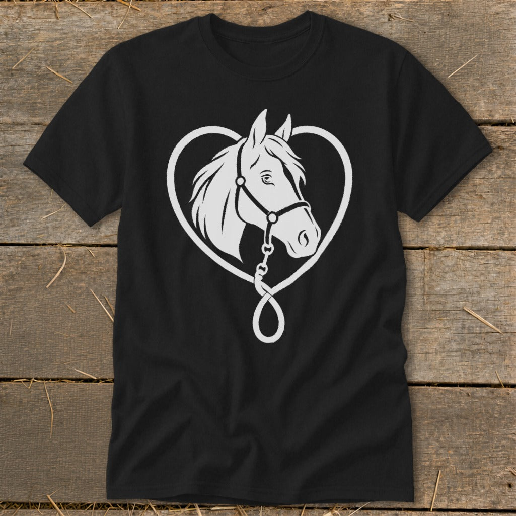 A black short-sleeved t-shirt featuring a white graphic of a horse's head framed by a heart shape.