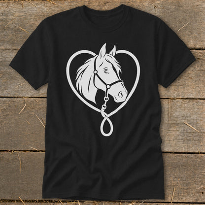 A black short-sleeved t-shirt featuring a white graphic of a horse's head framed by a heart shape.