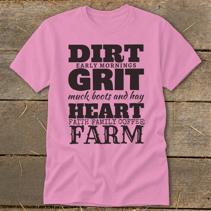 Pink t-shirt with "Dirt, Grit, Heart, Farm" text and farm-related phrases.