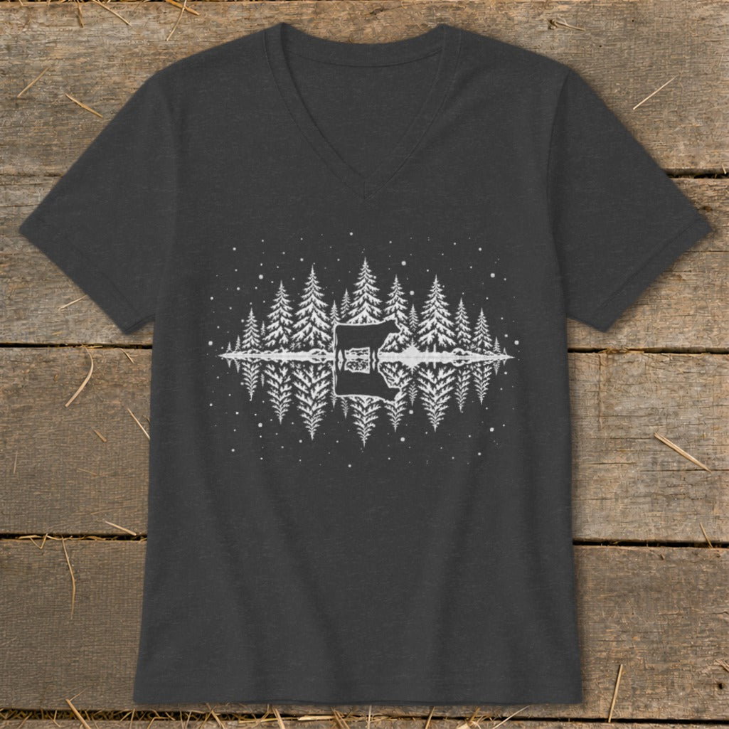 Dark gray v-neck t-shirt with white graphic of a deer reflected in water, surrounded by pine trees and stars.