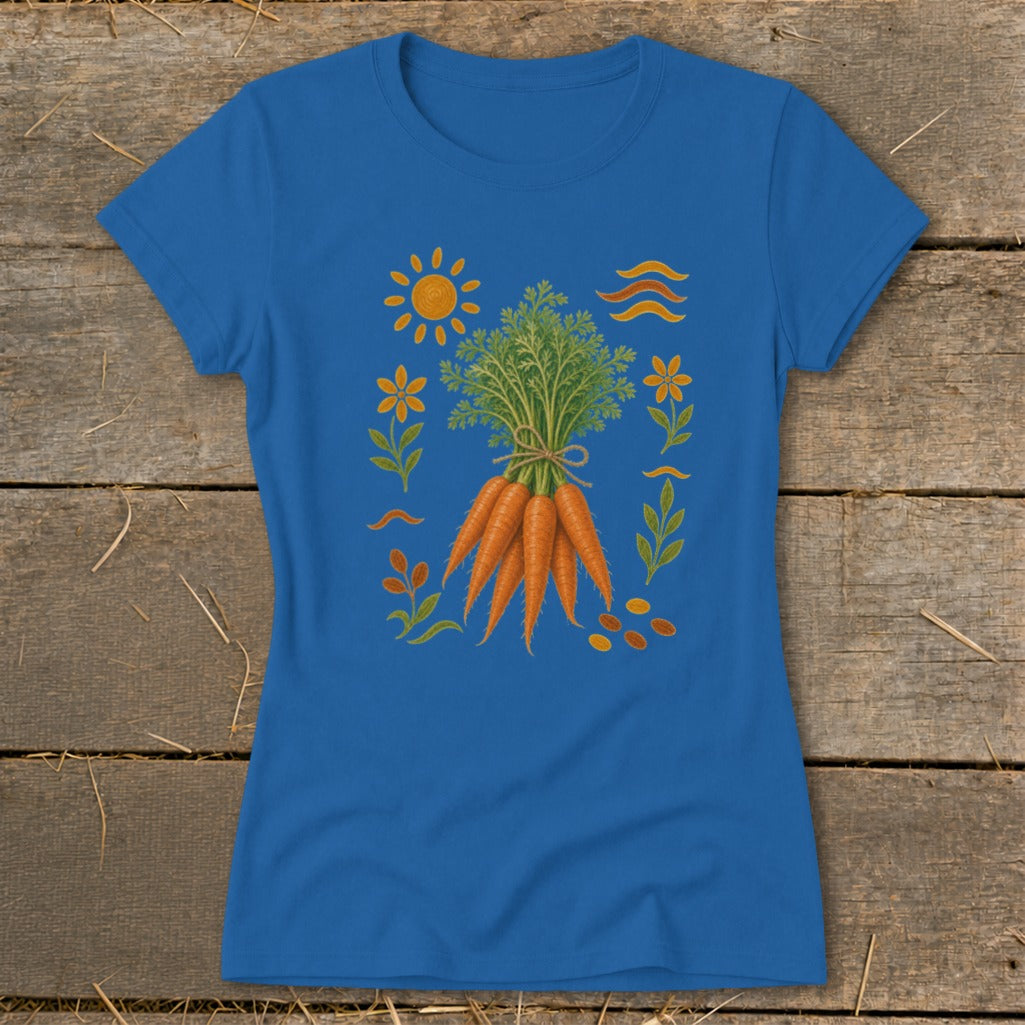 Blue t-shirt with a bunch of carrots and whimsical garden elements design.