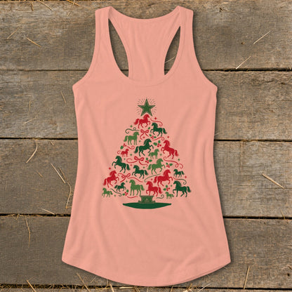 Peach tank top with a Christmas tree made of red and green horses.