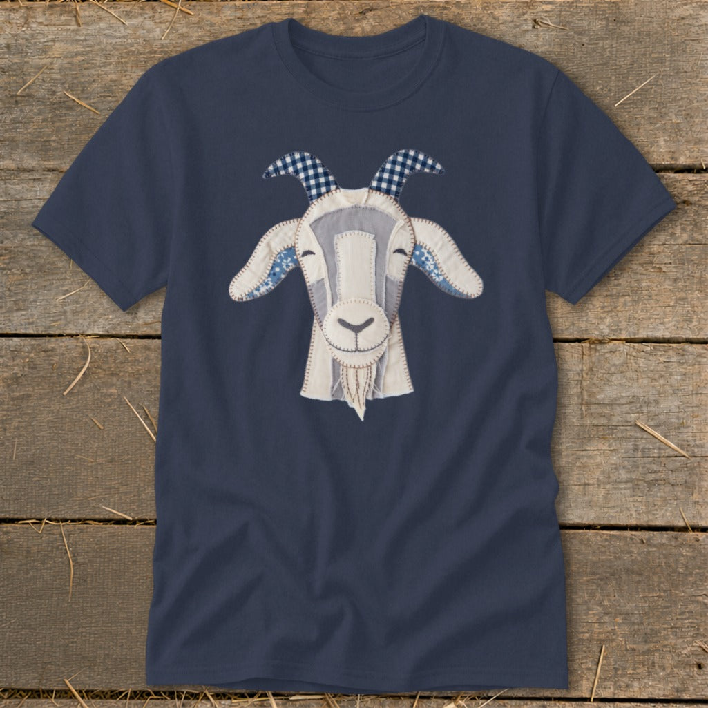 Navy t-shirt with a stitched goat face applique and gingham horns.
