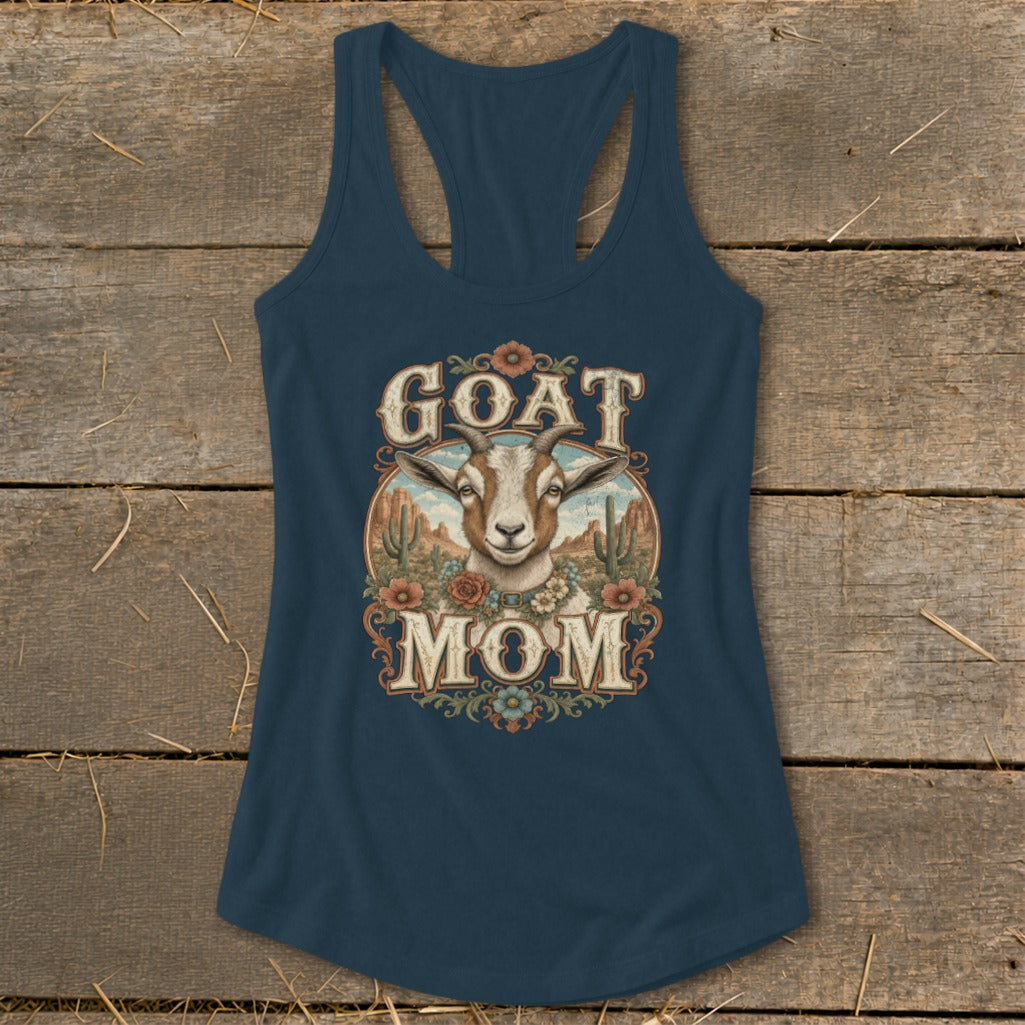 Blue tank top with "GOAT MOM" text and goat illustration.