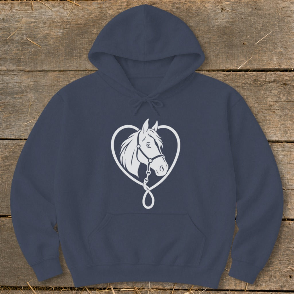 Dark blue hooded sweatshirt featuring a white graphic of a horse head inside a heart shape.
