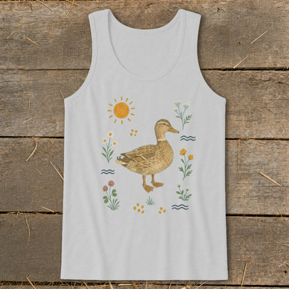 Gray tank top with a watercolor illustration of a mallard duck surrounded by flowers and sun.
