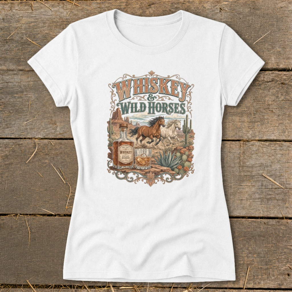 White t-shirt with "Whiskey & Wild Horses" graphic, featuring horses, whiskey bottle, and desert scene.