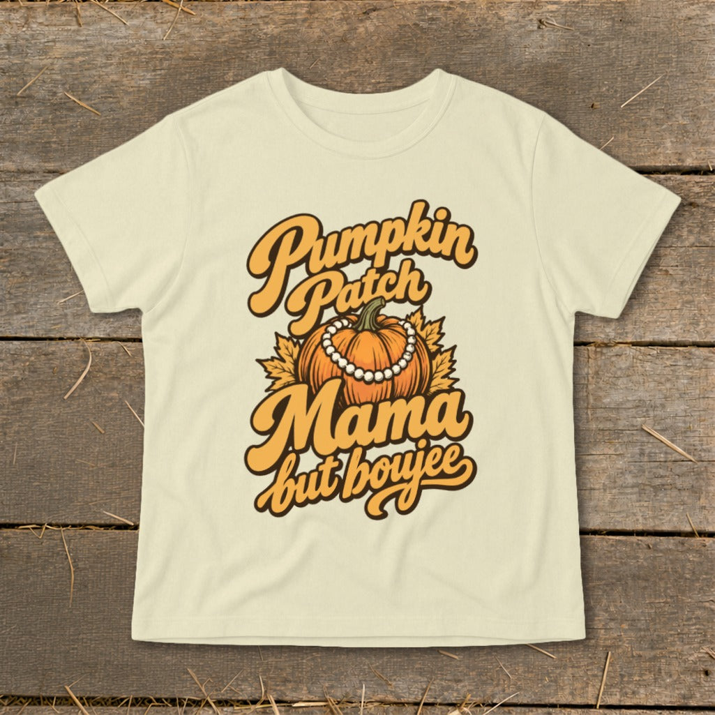 Cream t-shirt with text "Pumpkin Patch Mama but boujee" and a pumpkin.