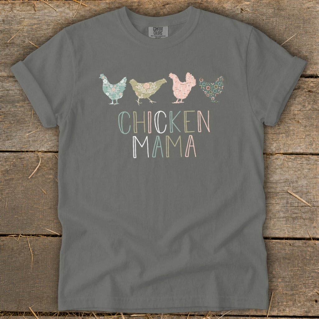 Grey t-shirt with four floral chickens and "CHICKEN MAMA" text.
