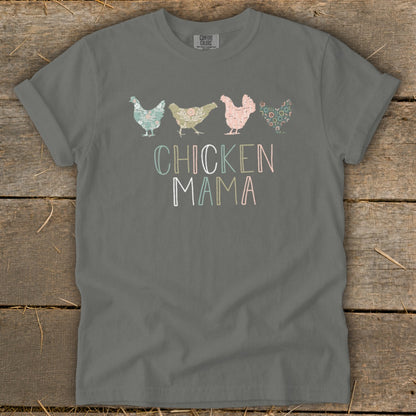 Grey t-shirt with four floral chickens and "CHICKEN MAMA" text.